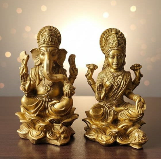 Two gold-colored statues of Hindu deities on a wooden surface with a blurred light background