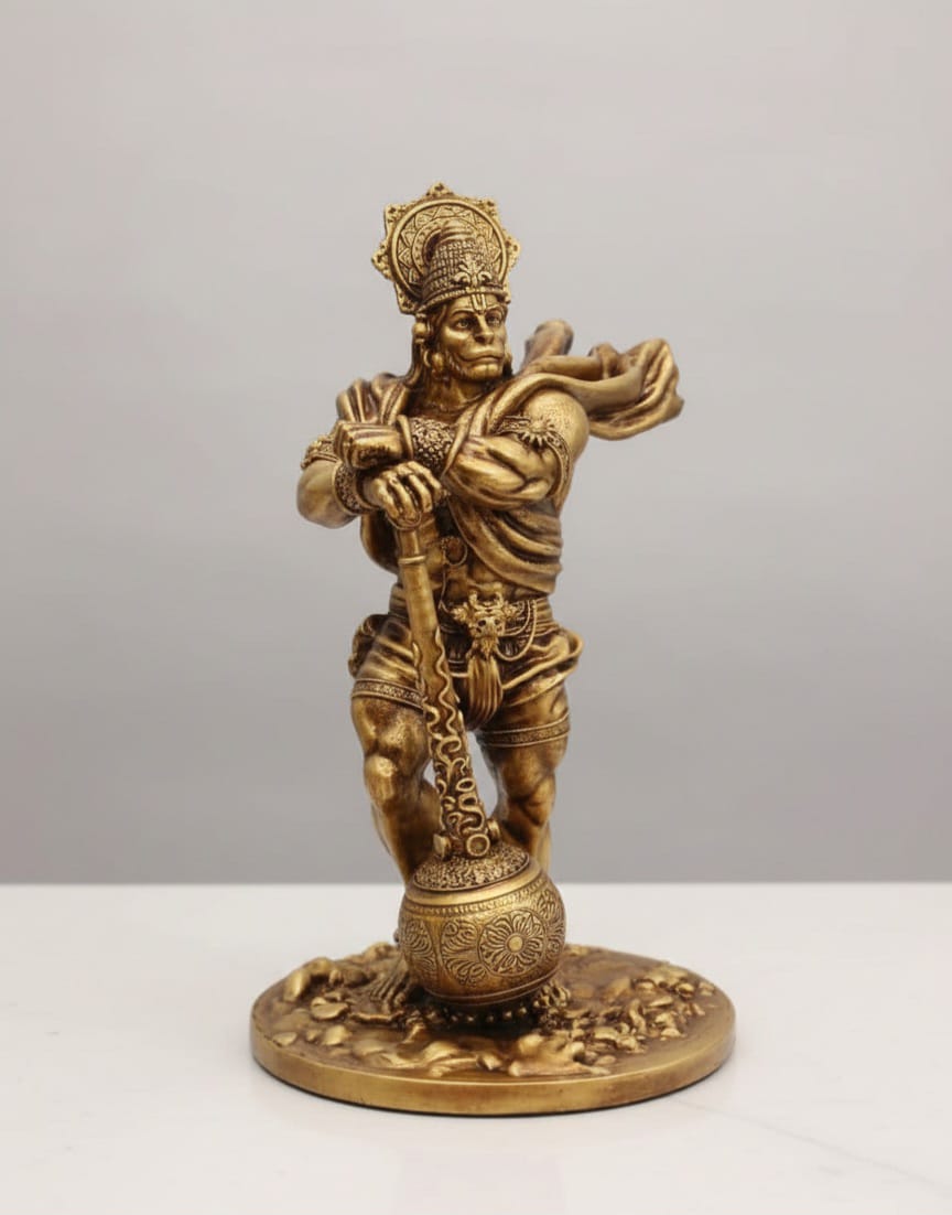 Bronze statue of a warrior figure on a white background